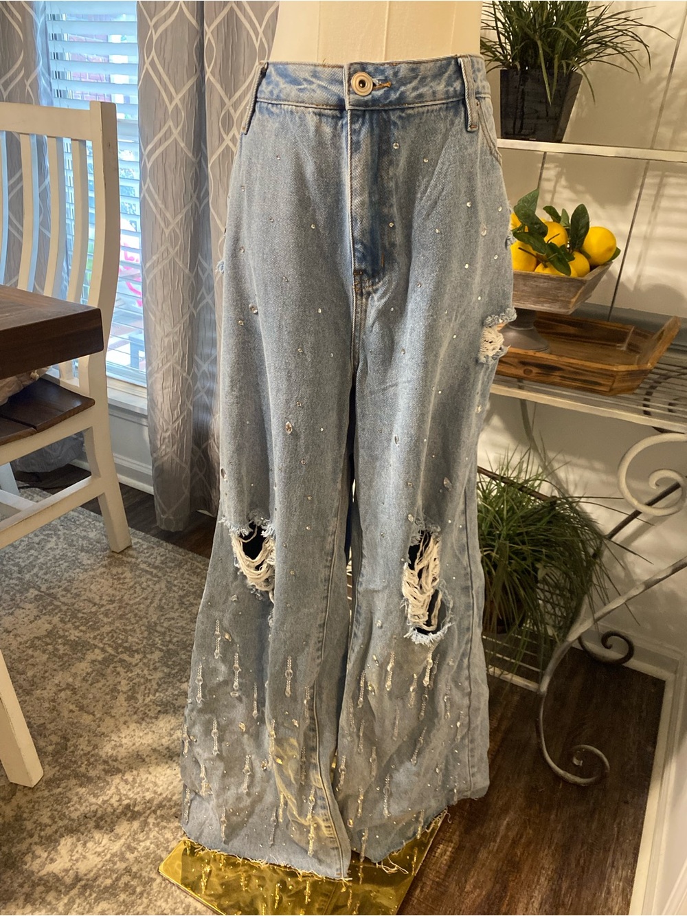 Fashion Nova Light Blue Distressed Wide-Leg Jeans with Crystal Accent